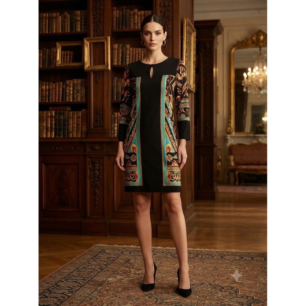 Eva Varro  Tunic Dress XL Black Gold Baroque Print Keyhole 3/4 Sleeve Maximalist